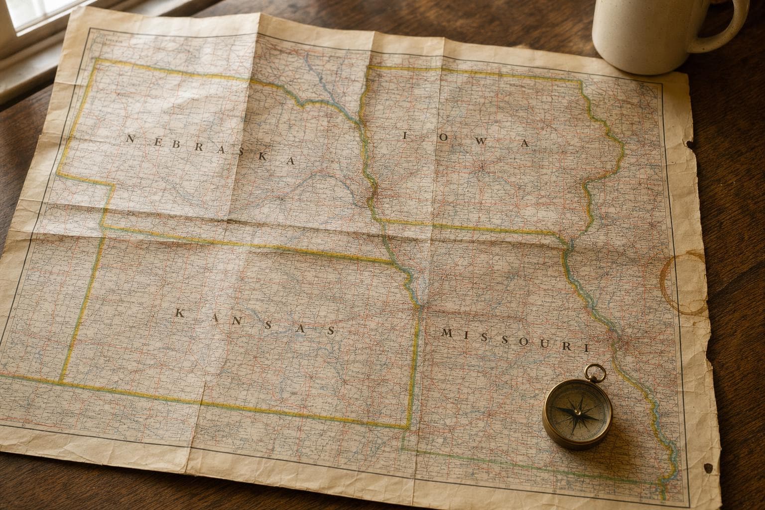 A worn paper map of Nebraska, Iowa, Kansas, and Missouri on a wooden table.