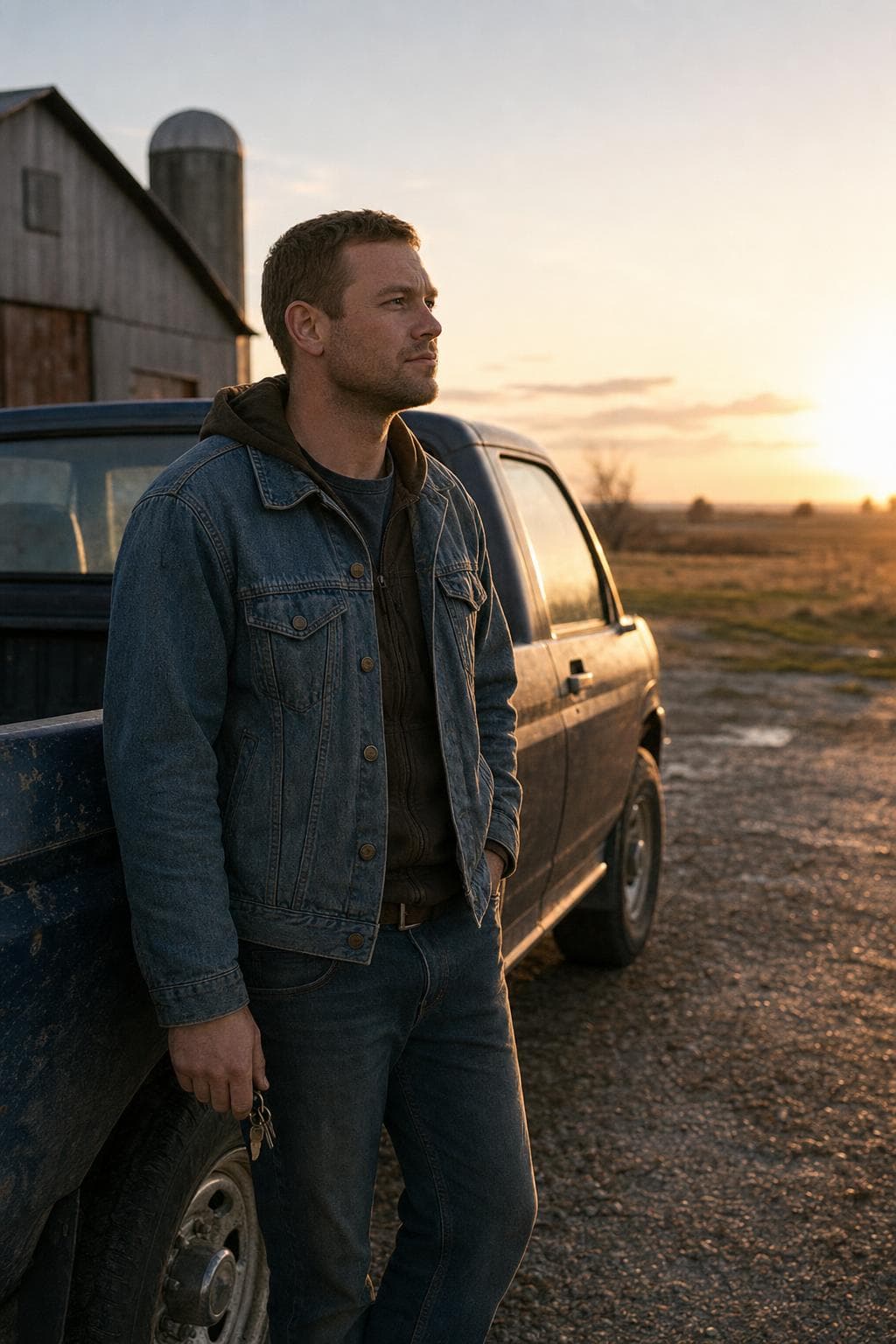 A Heartland driver at dawn, keys in hand, standing beside a pickup.