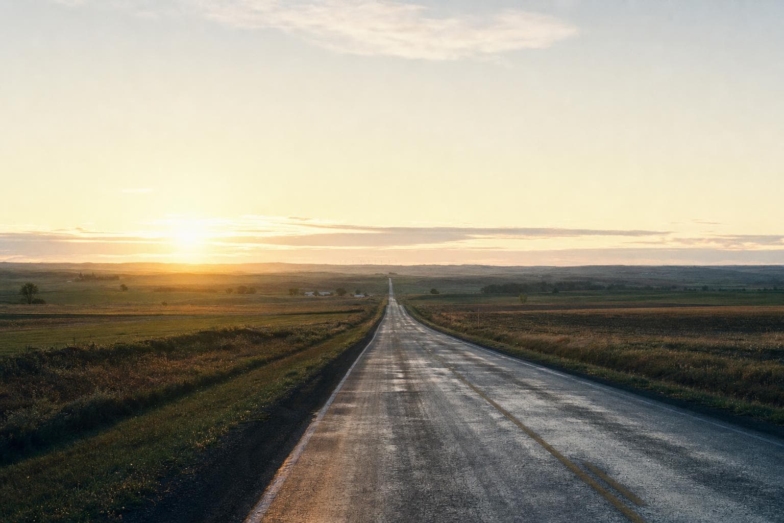 An empty Heartland highway at sunrise, wet pavement catching first light.