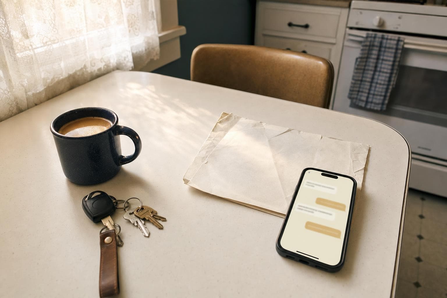 Morning kitchen table with coffee, keys, a folded notice, and a phone open to a plain conversation.
