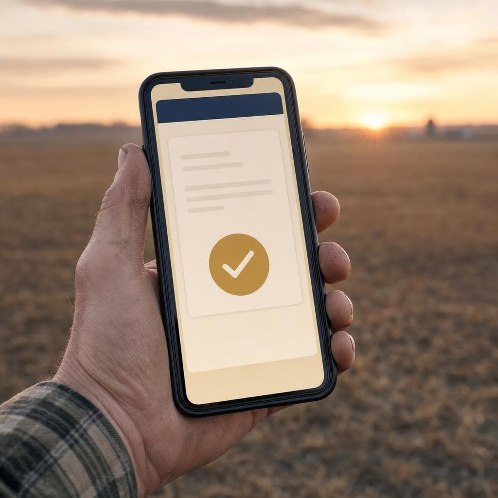 A weathered hand holding a phone in a dawn field, showing a simple confirmed-match card.