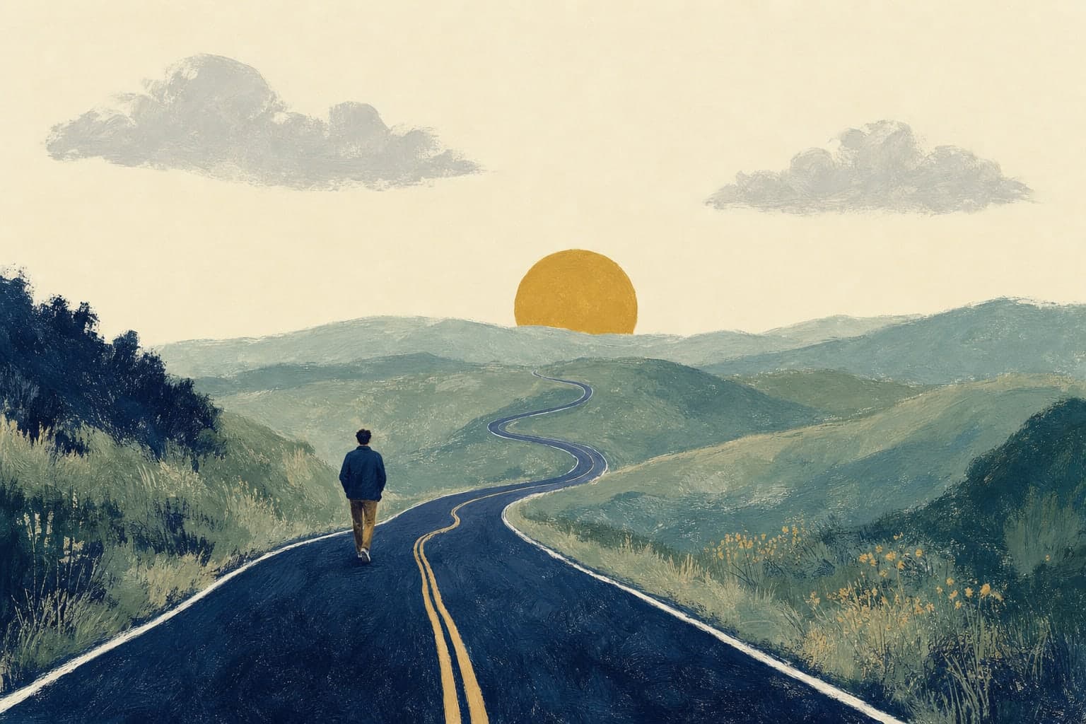 A lone figure walking a winding navy road toward a gold sun over quiet hills.
